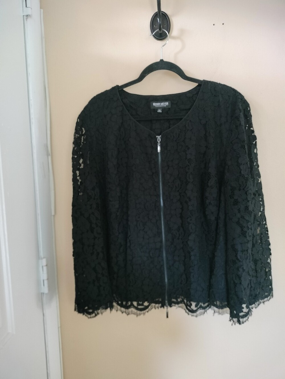 John Meyers 22W Black Lace Lined Zip Up Jacket Sheer Bell Sleeve Wedding Guest